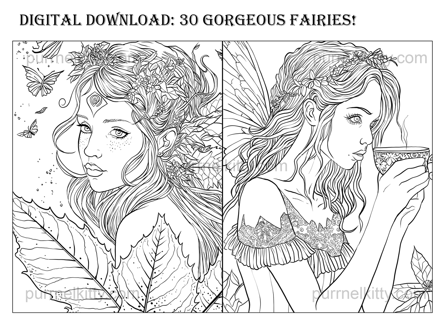 Printable Fantasy Fairy Adult Coloring Book 30 Page Art Bundle