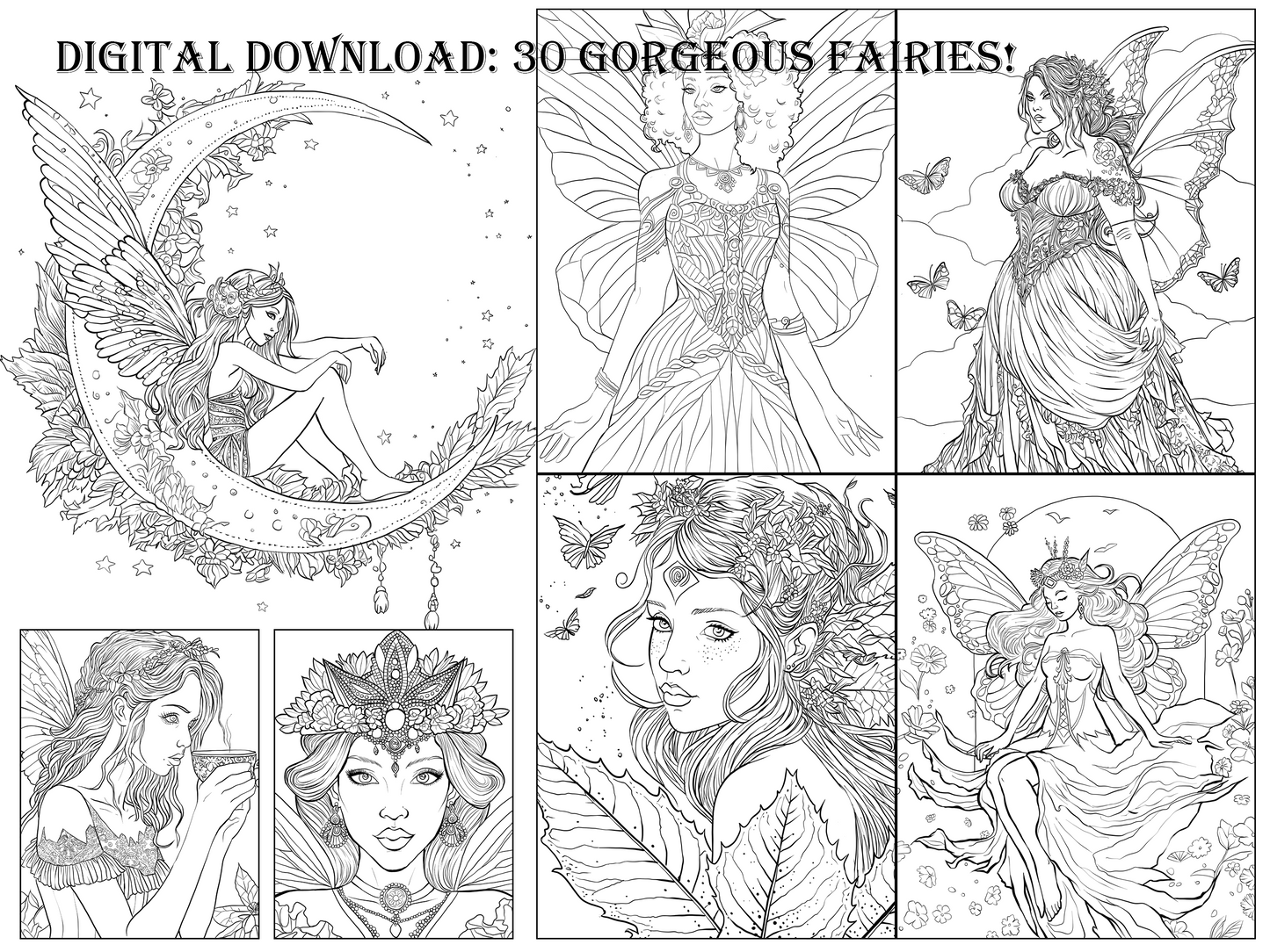 Printable Fantasy Fairy Adult Coloring Book 30 Page Art Bundle