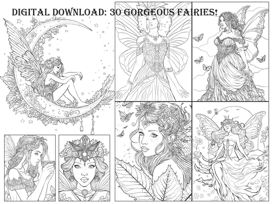 Printable Fantasy Fairy Adult Coloring Book 30 Page Art Bundle