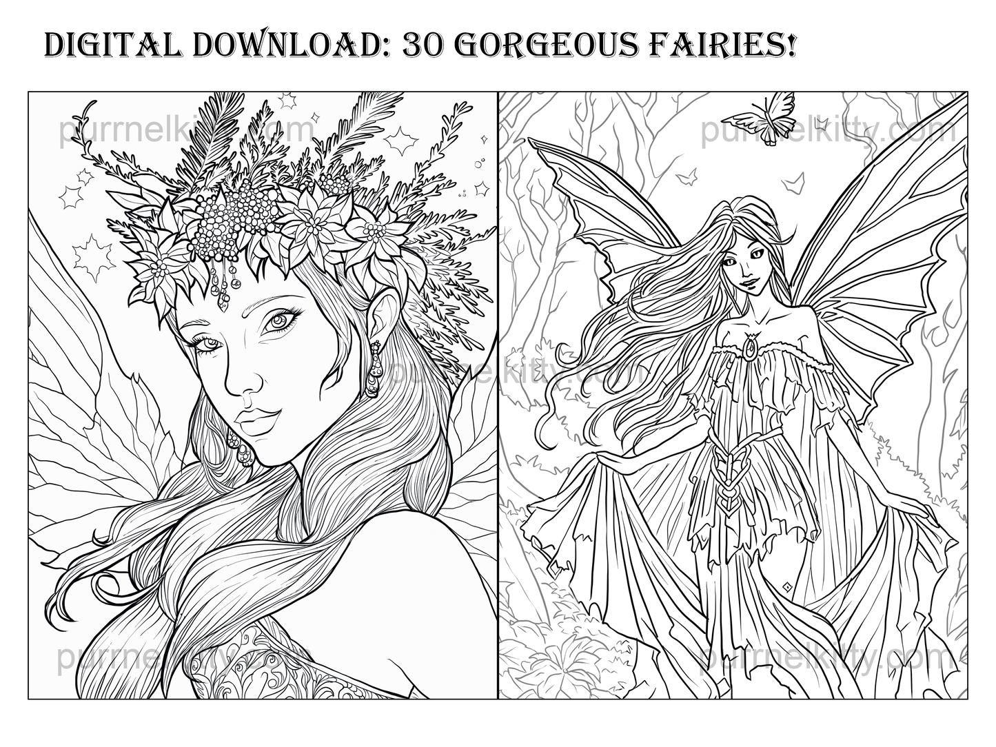 Printable Fantasy Fairy Adult Coloring Book 30 Page Art Bundle