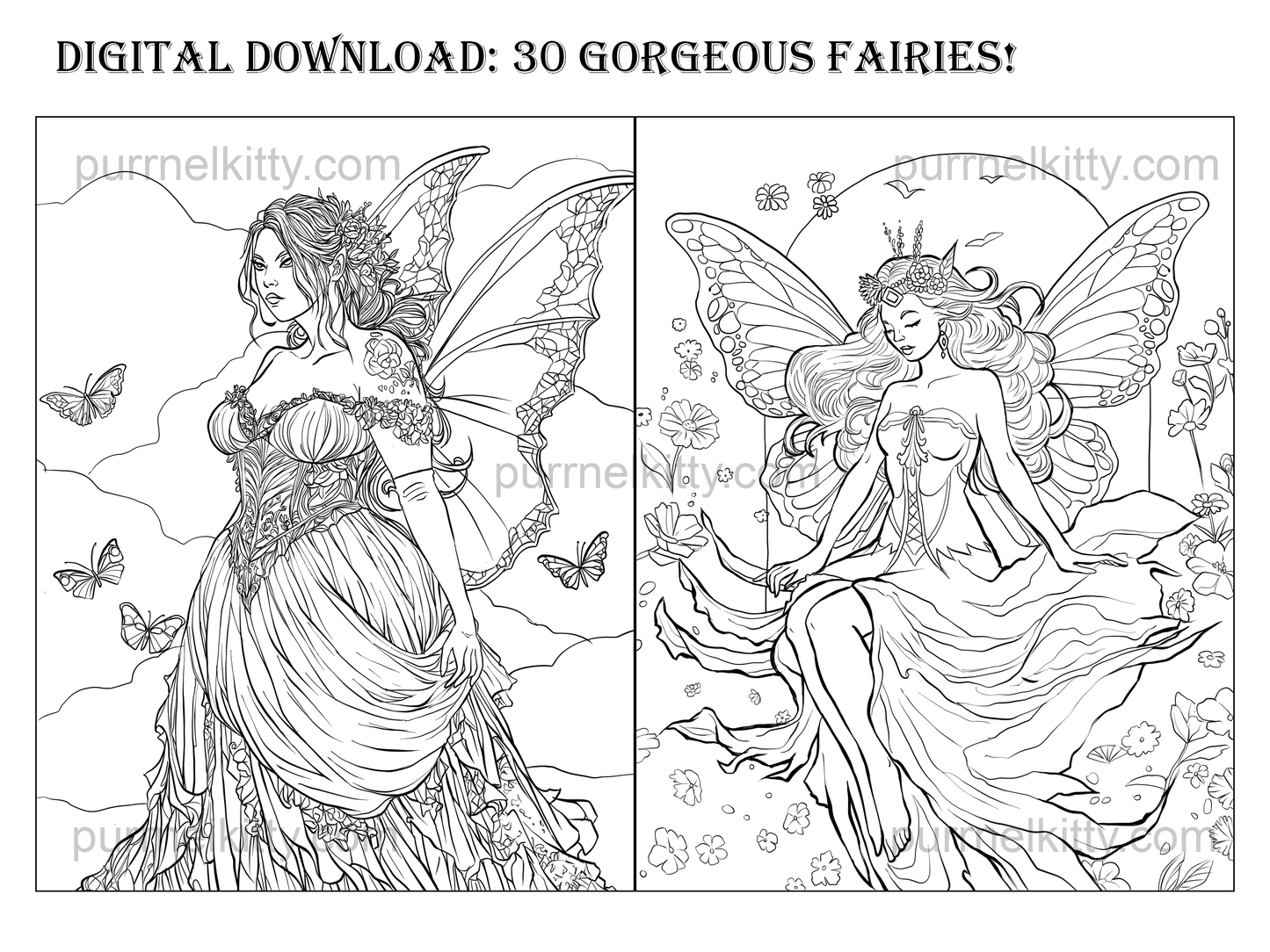 Printable Fantasy Fairy Adult Coloring Book 30 Page Art Bundle